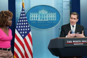 White House press secretary Karine Jean-Pierre listens as White House national security communications adviser John Kirby answers a question during a press briefing at the White House in Washington, U.S., Feb. 15, 2024. (Reuters Photo)