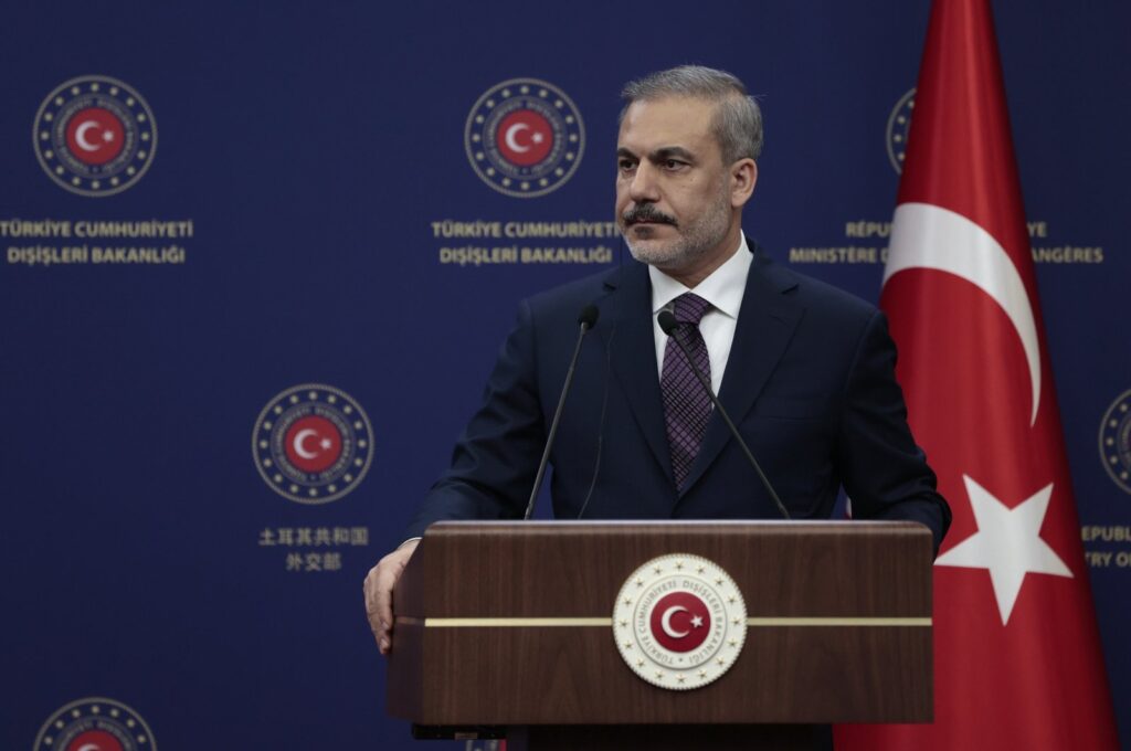 Foreign Minister Hakan Fidan addresses a joint news conference with his Hungarian counterpart Peter Szijjarto, in the capital Ankara, Türkiye, Feb. 15, 2024. (EPA Photo)