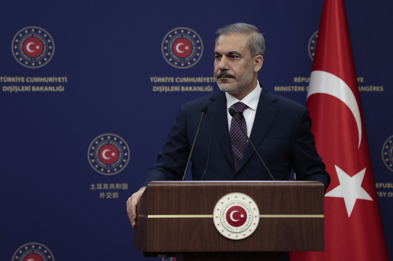 Foreign Minister Hakan Fidan addresses a joint news conference with his Hungarian counterpart Peter Szijjarto, in the capital Ankara, Türkiye, Feb. 15, 2024. (EPA Photo)