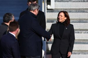 Bavarian Premier Markus Soeder (L) welcomes U.S. Vice President Kamala Harris (R) at the Munich International Airport who arrived to attend the 60th Munich Security Conference (MSC), Munich, Germany, Feb. 15, 2024. (EPA Photo)