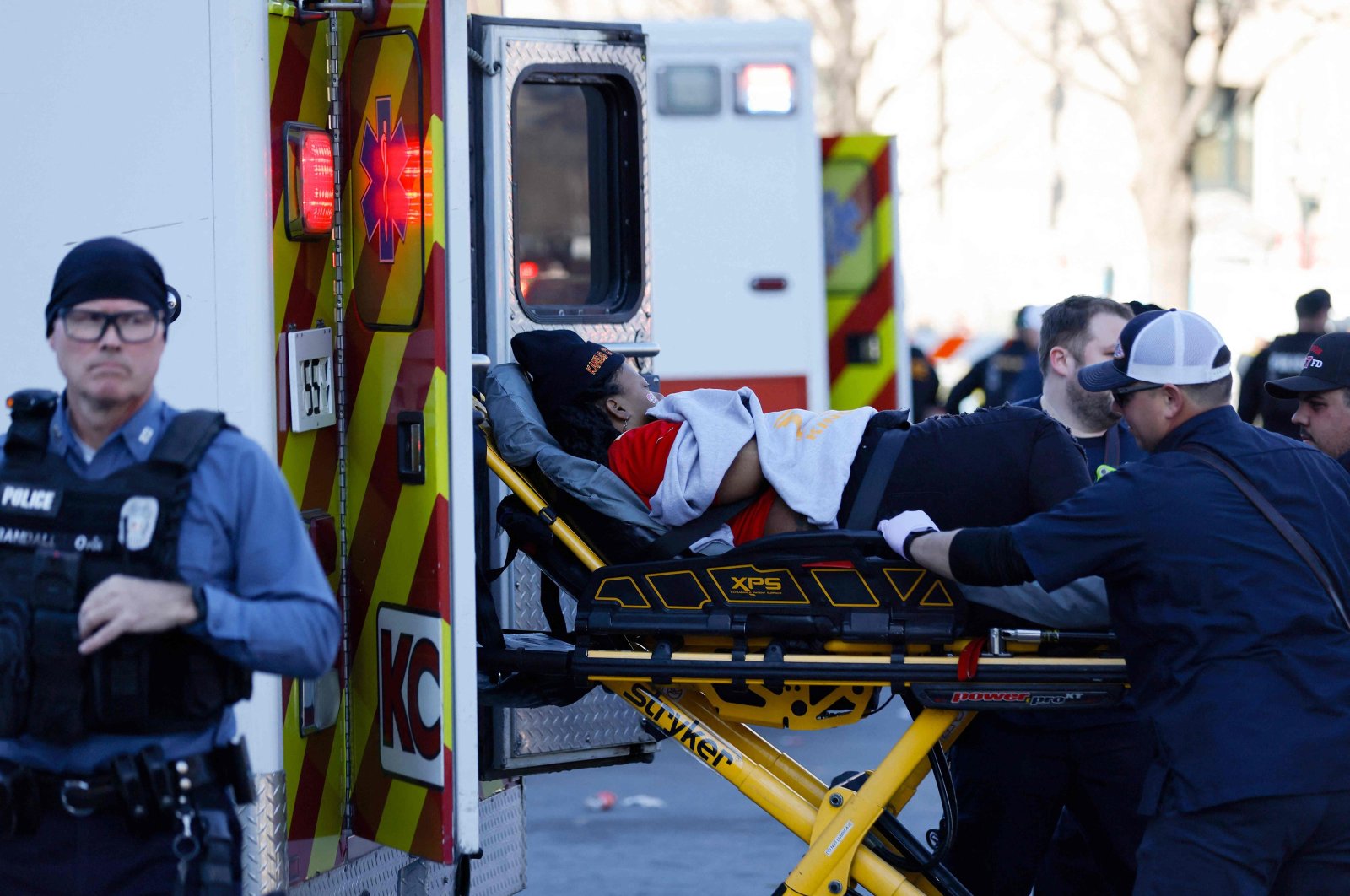 A person is loaded onto an ambulance following a shooting at Union Station during the Kansas City Chiefs Super Bowl LVIII victory parade, Kansas City, U.S., Feb. 14, 2024. (AFP Photo)