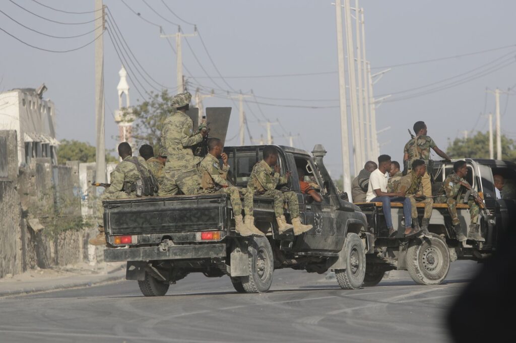 Security patrol the streets during fighting between al-Shabab extremists and soldiers in Mogadishu, Somalia, Feb. 21, 2023. (AP Photo)