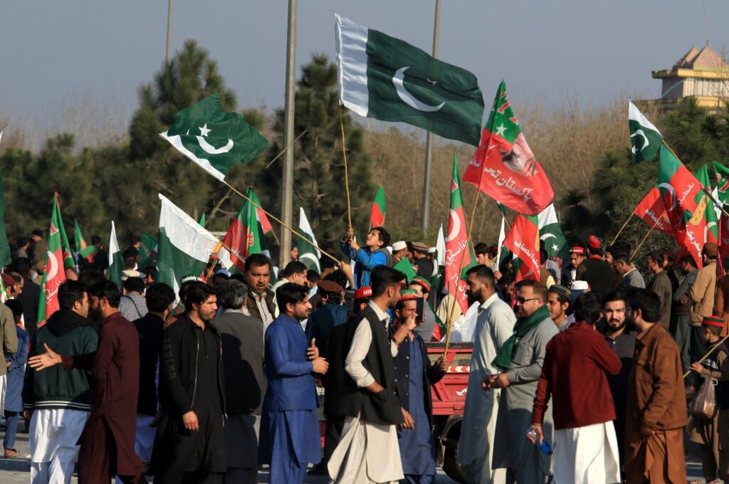 Supporters of the Pakistan Tehrik-e-Insaf (PTI) political party gather to protest as they allege rigging in the general elections, in Peshawar, Pakistan, Feb. 13, 2024. (EPA Photo)