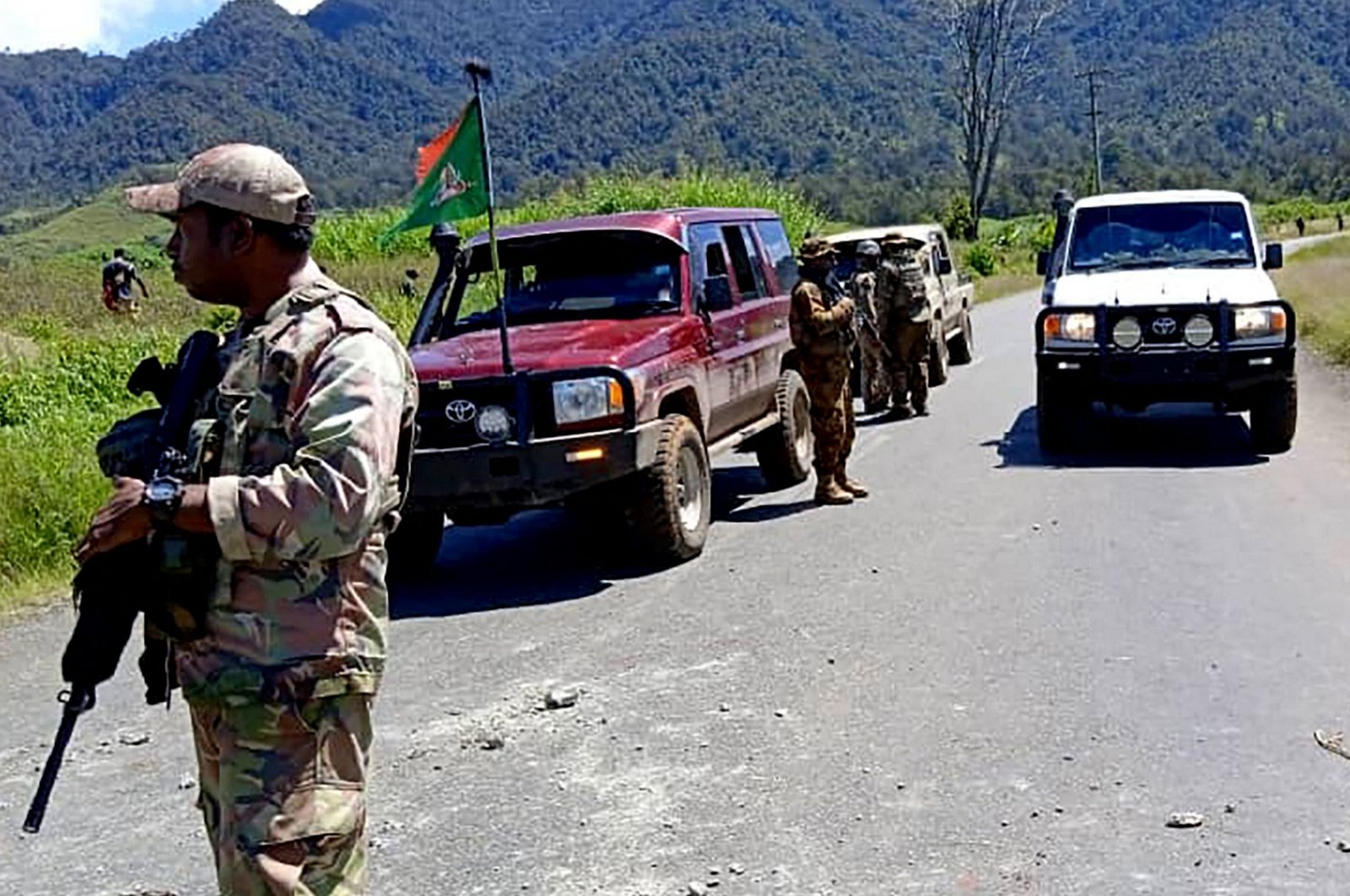 Security officials patrol near the town of Wabag, 600 kilometers northwest of the capital Port Moresby, Papua New Guinea, Feb. 19, 2024. (AFP Photo)
