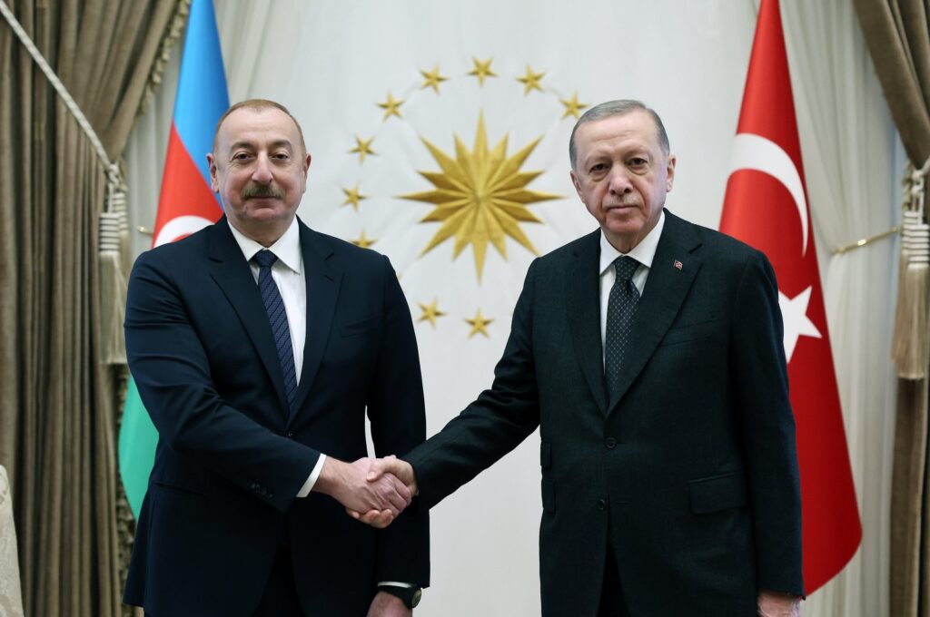 President Recep Tayyip Erdoğan and Azerbaijani President Ilham Aliyev shake hands at the Presidential Complex in Ankara, Türkiye, Feb. 19, 2024. (AA Photo)