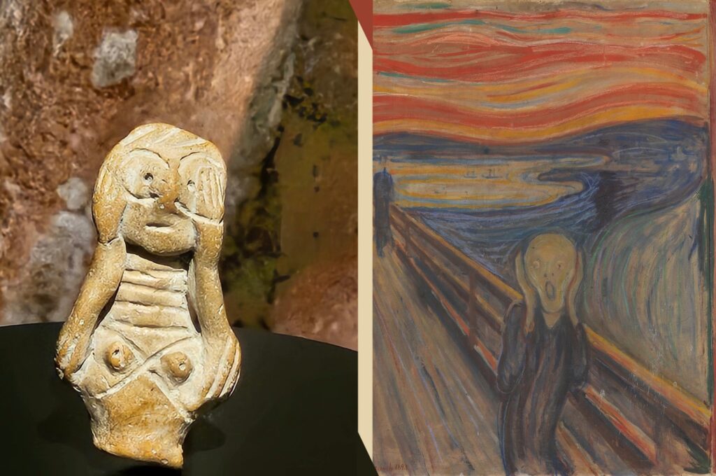 A combination of photos that show the archaic figurine (L), early Bronze Age, pre-2000 B.C., and Edvard Munch's "The Scream." (The photo collage by Kelvin Ndunga)