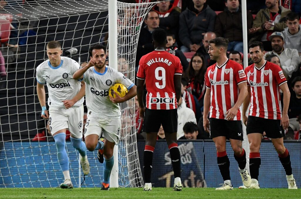 Girona's Eric Garcia celebrates after scoring his team's second goal during the La Liga match against Athletic Club Bilbao at the San Mames stadium, Bilbao, Spain, Feb. 19, 2024. (AFP Photo)