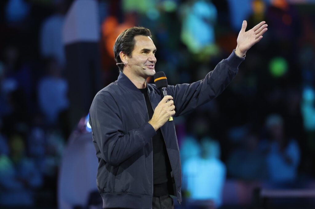 Former ATP player Roger Federer attends fans day on Day 12 of the 2023 Shanghai Rolex Masters at Qi Zhong Tennis Centre, Shanghai, China, Oct. 13, 2023. (Getty Images Photo)