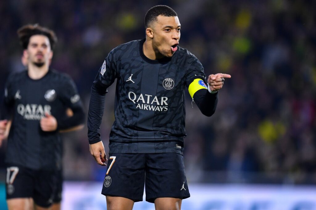 PSG's Kylian Mbappe celebrates after scoring his team's second goal during the Ligue 1 match against Nantes at Stade de la Beaujoire, Nantes, France, Feb. 17, 2024. (Getty Images Photo)