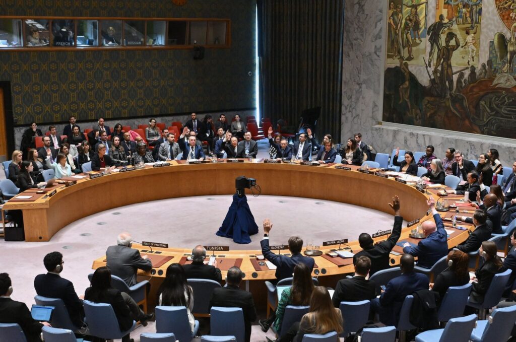 The U.N. Security Council votes on a resolution urging an immediate cease-fire in Gaza at the U.N. Headquarters in New York City, Feb. 20, 2024. (AFP Photo)