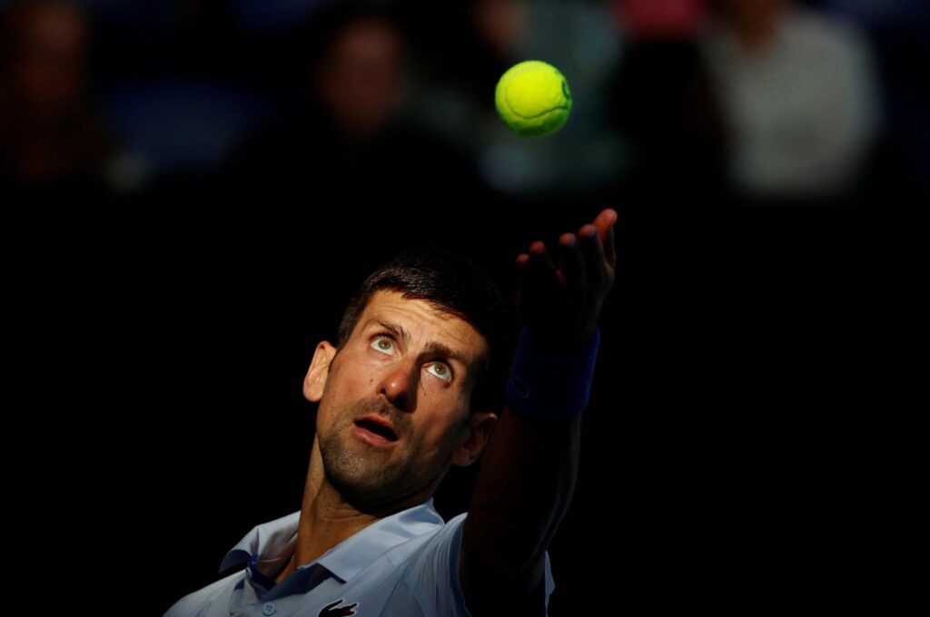 Serbia's Novak Djokovic in action during his Australian Open semifinal match against Italy's Jannik Sinner at the Melbourne Park, Melbourne, Australia, Jan. 26, 2024. (Reuters Photo)