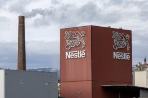 A logo of food giant Nestle is seen in a building in Orbe, Switzerland, Feb. 9, 2024. (Reuters Photo)