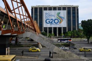 A G-20 Brazil banner is displayed at the city hall, in Rio de Janeiro, Brazil, Feb. 15, 2024. (AFP Photo)