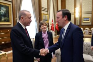 President Recep Tayyip Erdoğan (L) receives U.S. Senator Chris Murphy (R) for a meeting in Ankara, Türkiye, Feb. 20, 2024. (AA Photo)