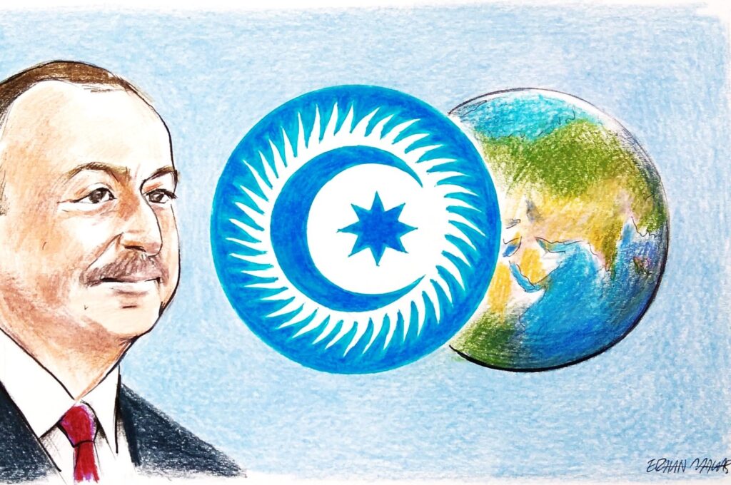 "Azerbaijani President Ilham Aliyev's messaging was notably centered on the Organization of Turkic States (OTS), signaling a pronounced shift toward prioritizing relations within the Turkic world." (Illustration by Erhan Yalvaç)