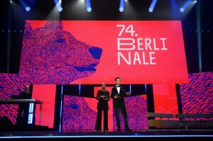 Hosts speak onstage during the opening gala of the 74th Berlinale International Film Festival in Berlin, Germany, Feb. 15, 2024. (Reuters Photo)