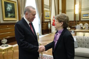 President Recep Tayyip Erdoğan receives U.S. Senator Jeanne Shaheen (R) for a meeting in Ankara, Türkiye, Feb. 20, 2024. (AA Photo)