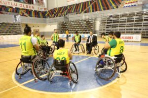 Şanlıurfa Physically Disabled Sports Club (BESK) members speak with the club President Veysi Fırat (4th R), Şanlıurfa, Türkiye, Feb. 22, 2024. (AA Photo)
