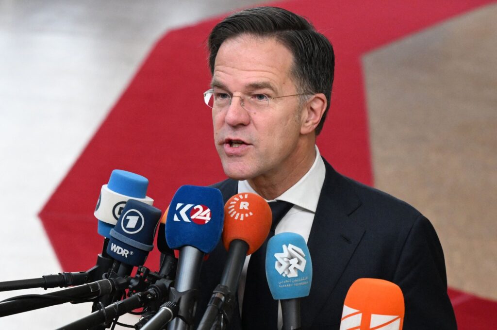 Netherlands' Prime Minister Mark Rutte addresses the press as he arrives to attend a European Council meeting at the European headquarters, Brussels, Belgium, Feb. 1, 2024. (AFP Photo)
