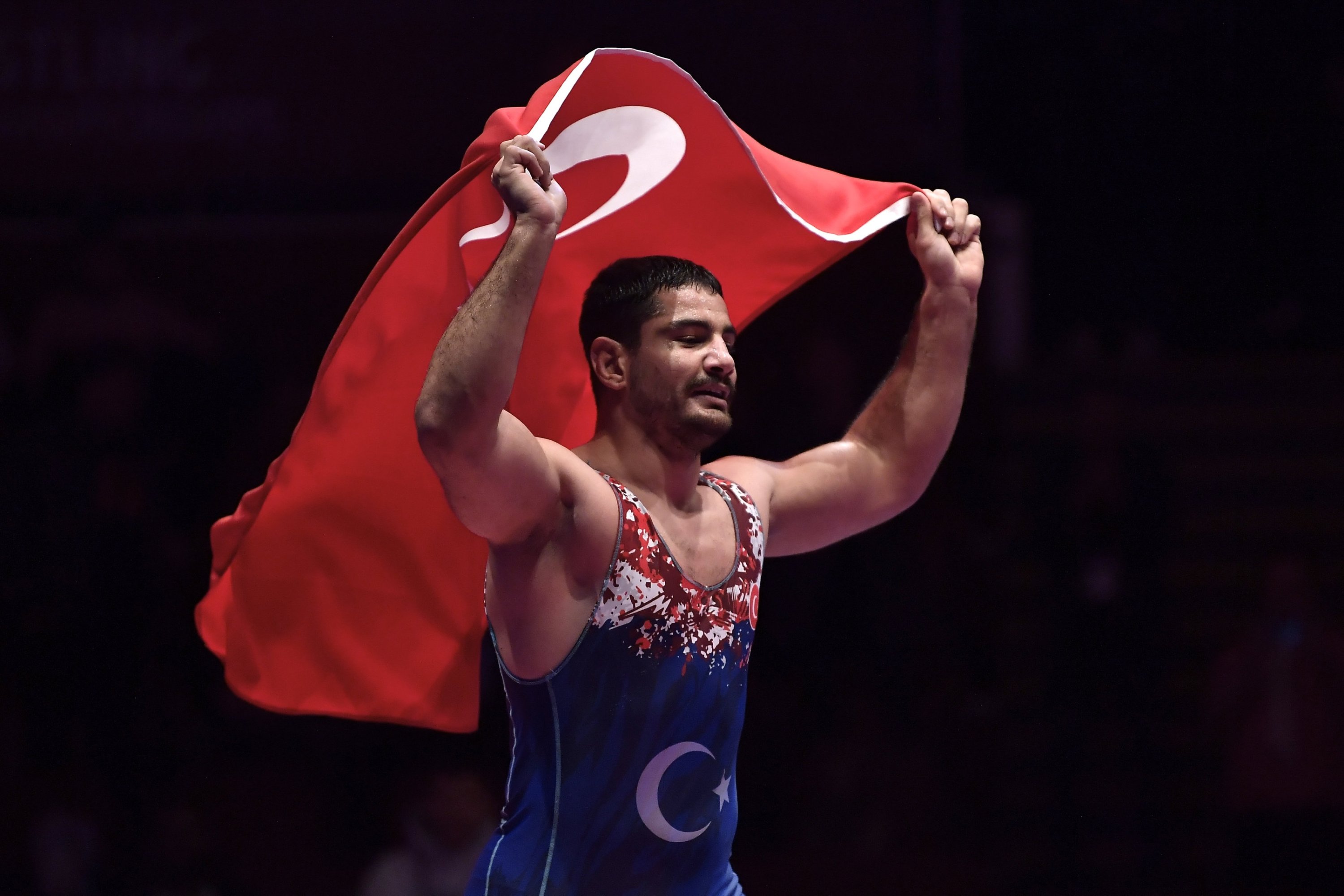 316407 Turkish wrestler Taha Akgül celebrates after winning the 11th European championship title at the 2024 European Wrestling Championships, Bucharest, Romania, Feb. 18, 2024. (AA Photo)