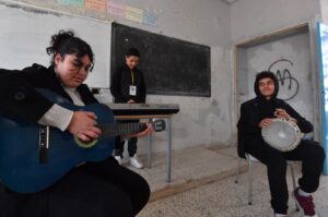 Students attend a music class financed by the after-school club Tunisia 88, at the Haffouz secondary school in Tunisia's northern Kairouan region. Feb. 2, 2024. (AFP Photo)