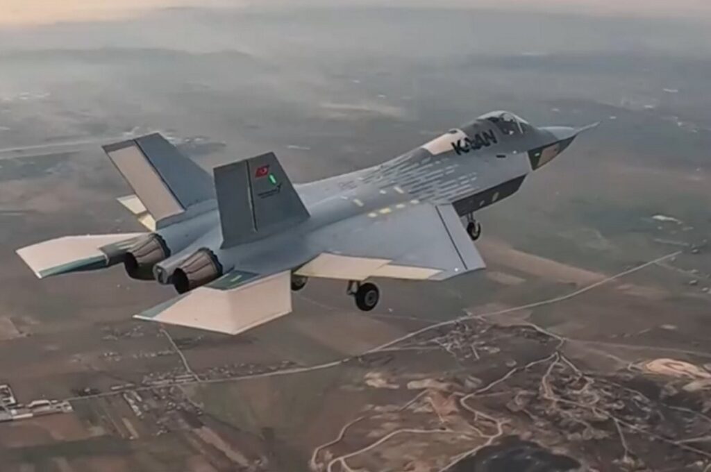 Türkiye's indigenously developed 5th-generation fighter jet KAAN is seen in the air during its inaugural flight, Ankara, Türkiye, Feb. 21, 2024. (AA Photo)