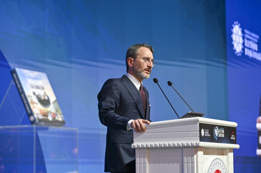 Communications Director Fahrettin Altun speaks at a symposium commemorating one year after the devastating earthquakes in Türkiye's southeast, Feb. 5, 2024. (AA Photo)