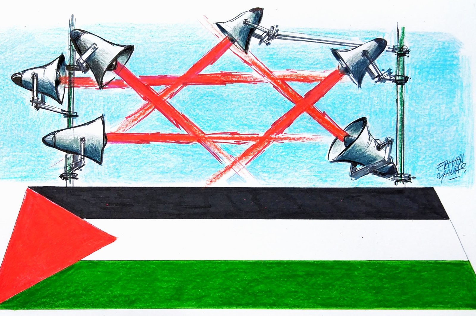 Videos shared online of Israel's attacks on Gaza usually start with a warning of a "code red," followed by panic as people look for places to hide. (Illustration by Erhan Yalvaç)