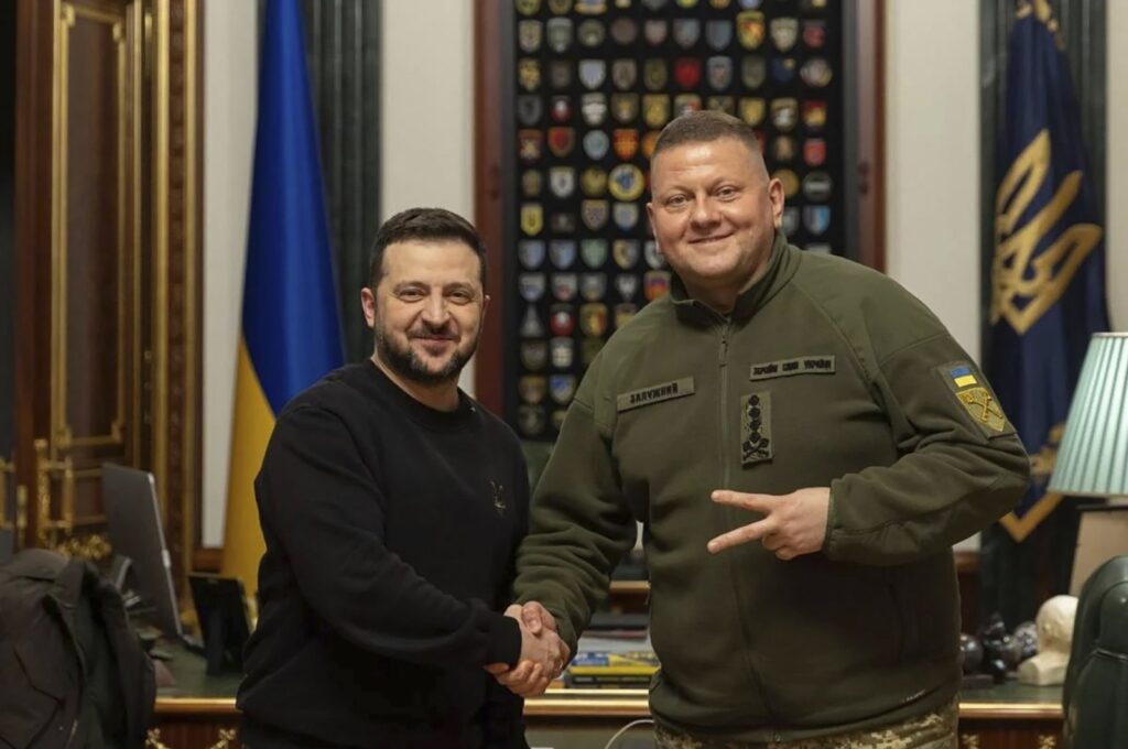 Ukrainian President Volodymyr Zelenskyy (L) shakes hands with former Commander-in-Chief of Ukraine's Armed Forces Valeriy Zaluzhnyi during their meeting in Kyiv, Ukraine, Feb. 8, 2024. (AP Photo)