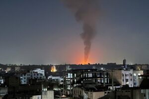 Smoke rises in the sky following U.S.-led airstrikes in Sanaa, Yemen, Feb. 25, 2024. (Reuters Photo)