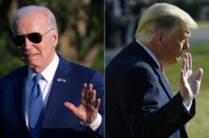 This combination of pictures created on Feb. 17, 2024, shows U.S. President Joe Biden waiving from the South Lawn of the White House in Washington, D.C., June 1, 2023, and President Donald Trump waiving to the media outside the White House, Washington, D.C., U.S., Jan. 12, 2021.