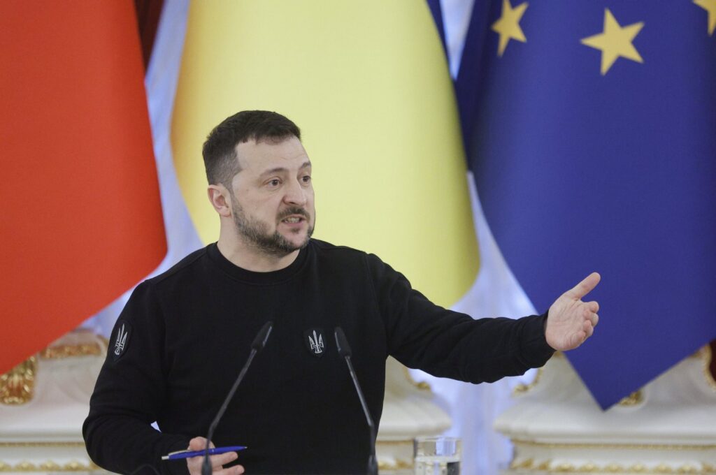 Ukrainian President Volodymyr Zelenskyy attends a joint press conference in Kyiv, Ukraine, Feb. 24, 2024. (EPA Photo)