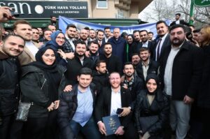 President Recep Tayyip Erdoğan poses with his supporters who gathered outside his residence to celebrate his birthday, Istanbul, Türkiye, Feb. 26, 2024. (IHA Photo)