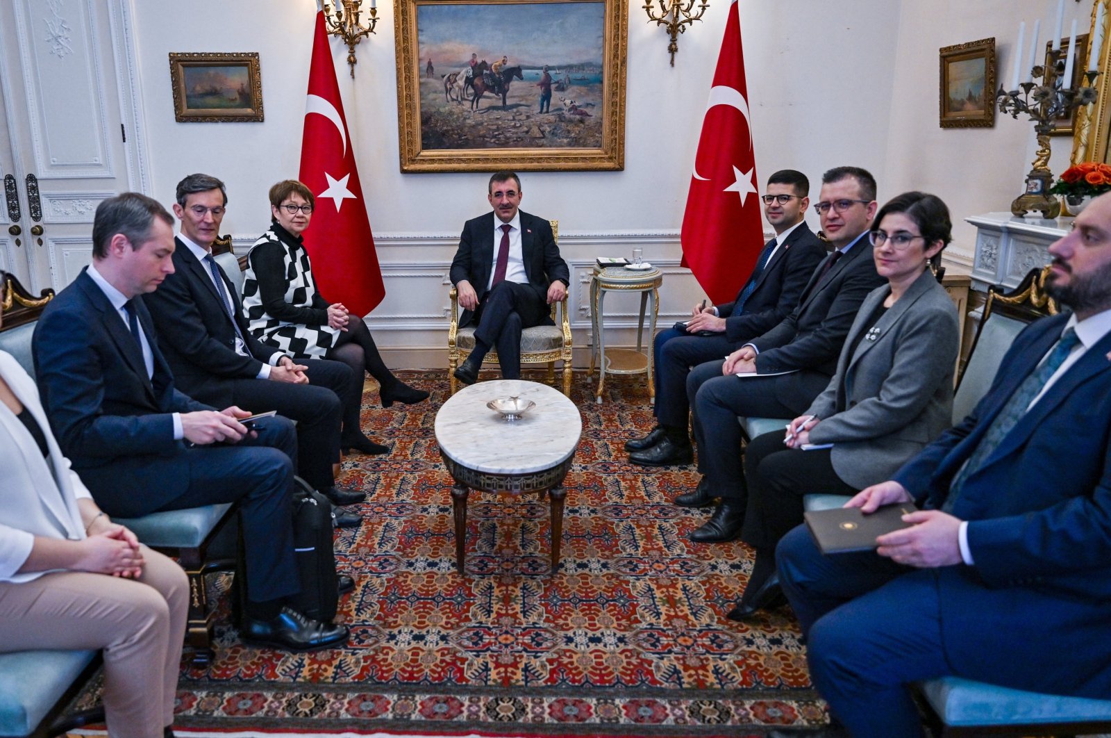Vice President Cevdet Yılmaz (C) attends a meeting with European Bank for Reconstruction and Development (EBRD) President Odile Renaud-Basso (4th L), London, U.K., Feb. 27, 2024. (AA Photo)