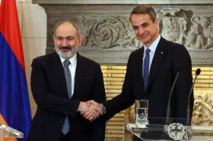 Greek Prime Minister Kyriakos Mitsotakis (Right) and Prime Minister of Armenia, Nikol Pashinyan (Left), shake hands as they give statements after their meeting in Athens, Greece, Feb. 27, 2024. (EPA Photo)