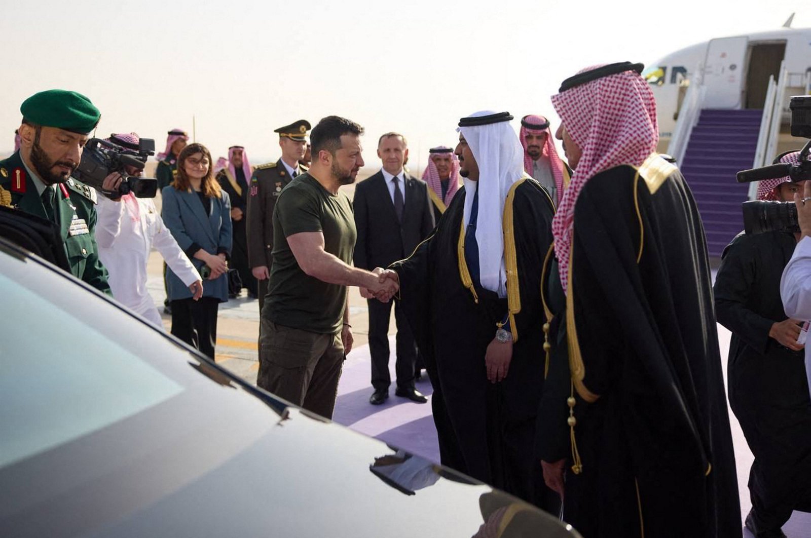 Ukrainian President Volodymyr Zelenskyy arriving in Saudi Arabia to promote his peace plan and discuss potential prisoners-of-war exchanges. (Photo by Handout / Telegram /@V_Zelenskiy_Official / AFP)