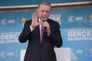 President Recep Tayyip Erdoğan speaks at a rally in the western Manisa province, Türkiye, Feb. 27, 2024. (IHA Photo)
