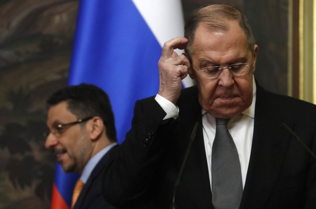 Russian Foreign Minister Sergei Lavrov (R) attends a news conference with Yemeni Prime Minister and Foreign Minister Ahmed Awad bin Mubarak, Moscow, Russia, Feb. 27, 2024. (EPA Photo)