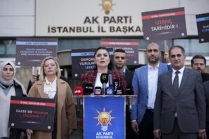 Burcu Özer Günaydın, deputy chair of the ruling Justice and Development Party's (AK Party) Istanbul office, speaks at a news conference for the anniversary of the Feb. 28, 1997 coup, Istanbul, Türkiye, Feb. 28, 2024. (AA Photo)