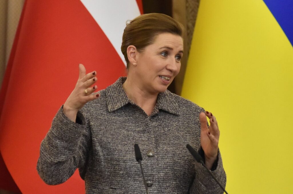 Denmark Prime Minister Mette Frederiksen speaks at a program in Lviv, Ukraine, Feb. 23, 2024. (AA Photo)