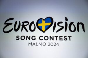 The logo of the Eurovision 2024 displayed during a news conference of Belgian singer Mustii (aka Thomas Mustin), who will represent Belgium at the song contest, in Brussels, Feb. 20, 2024. (AFP Photo)