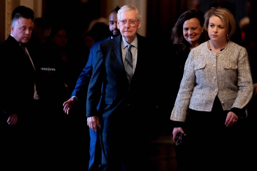 Senate Minority Leader Mitch McConnell (R-KY) departs the Senate chamber, Feb. 28, 2024. (AFP Photo)