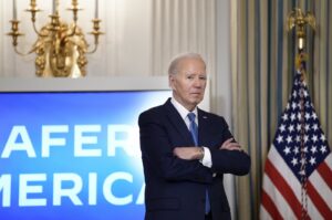 U.S. President Joe Biden looks on during an event to deliver remarks on his actions to fight crime in the State Dining Room at the White House in Washington, D.C., Feb. 28, 2024.  (EPA Photo)