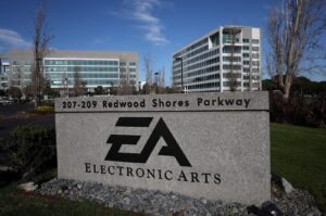 A sign is posted in front of the Electronic Arts (EA) headquarters, Redwood City, California, U.S., Jan. 30, 2024. (AFP Photo)