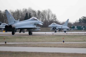 Two Eurofighter jets of the German armed forces at an airbase, Neuburg an der Donau, Germany, Feb. 26, 2024. (AFP Photo)
