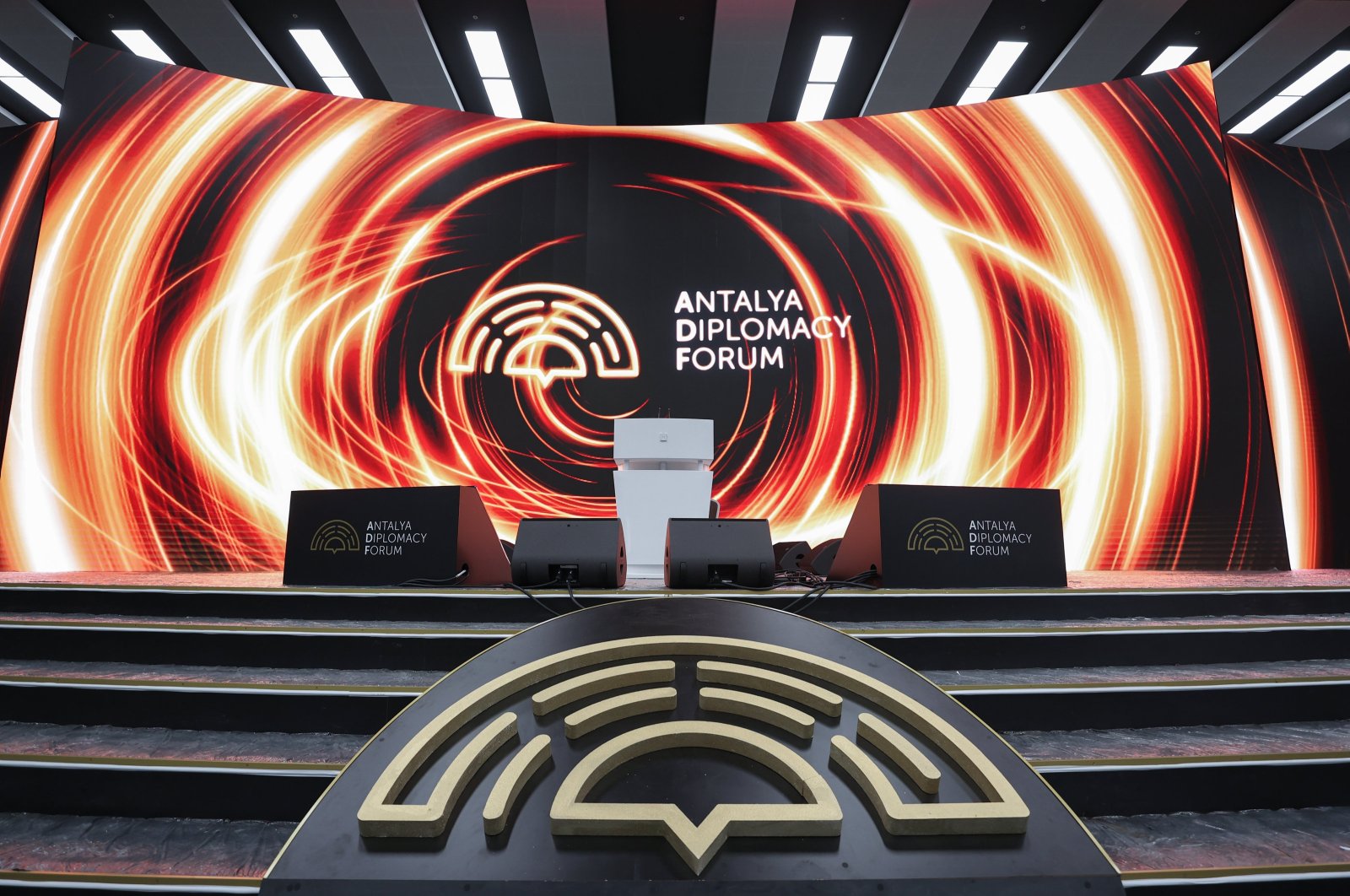 The Antalya Diplomacy Forum logo is displayed on a stage in one of the venues of the event, Antalya, southern Türkiye, Feb. 29, 2024. (AA Photo)