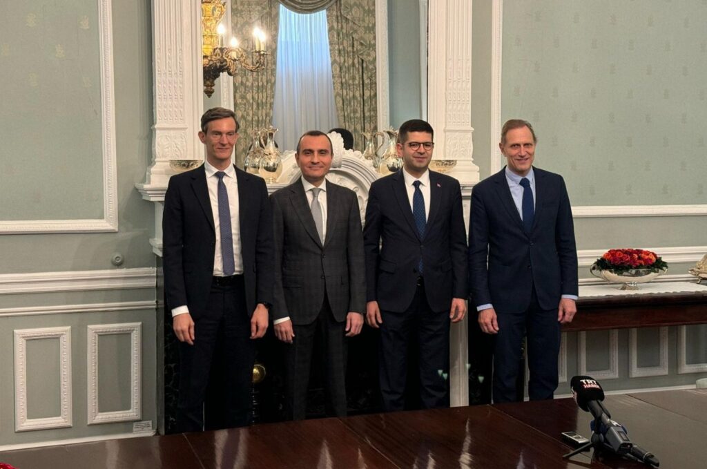 From left, EBRD Türkiye Director Arvid Tuerkner, Dgpays CEO Serkan Ömerbeyoğlu, Presidential Investment Office head Ahmet Burak Dağlıoğlu and Bernard-Louis Roques, one of the founders of Truffle Capital, attend the news conference at Türkiye's Embassy in London, U.K., Feb. 27, 2024. (AA Photo)