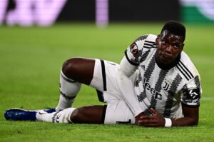 Juventus' French midfielder Paul Pogba reacts after being tackled during the UEFA Europa League semifinal first leg football match between Juventus and Sevilla, Turin, Italy, May 11, 2023. (AFP Photo)