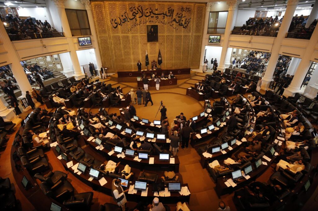 Newly elected members cast their ballot at a Khyber Pakhtunkhwa Assembly during Speaker and Deputy Speaker elections in Peshawar, Pakistan, Feb. 29, 2024. (EPA Photo)