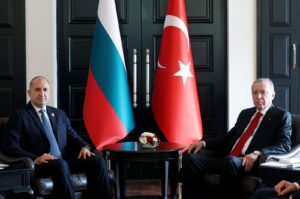 President Recep Tayyip Erdoğan (R) poses with Bulgarian President Rumen Radev (L) during their meeting at the Antalya Diplomacy Forum, Antalya, Türkiye, March 1, 2024. (AFP Photo)